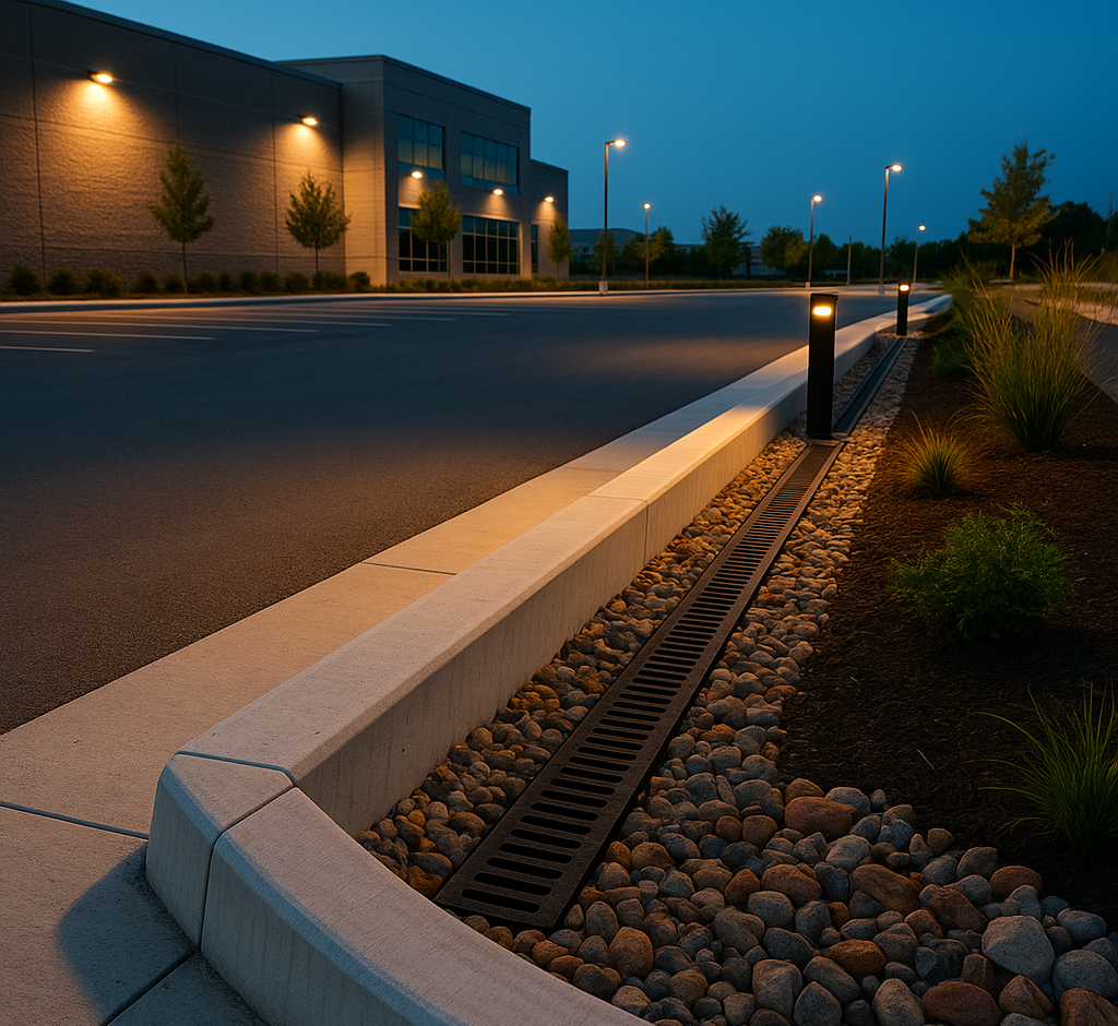 Newly formed and finished concrete curbs for a parking lot