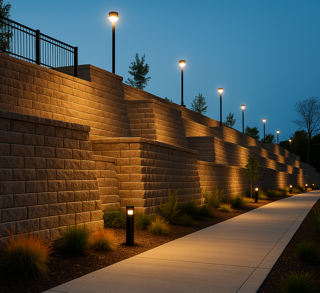A large, structural retaining wall on a commercial site