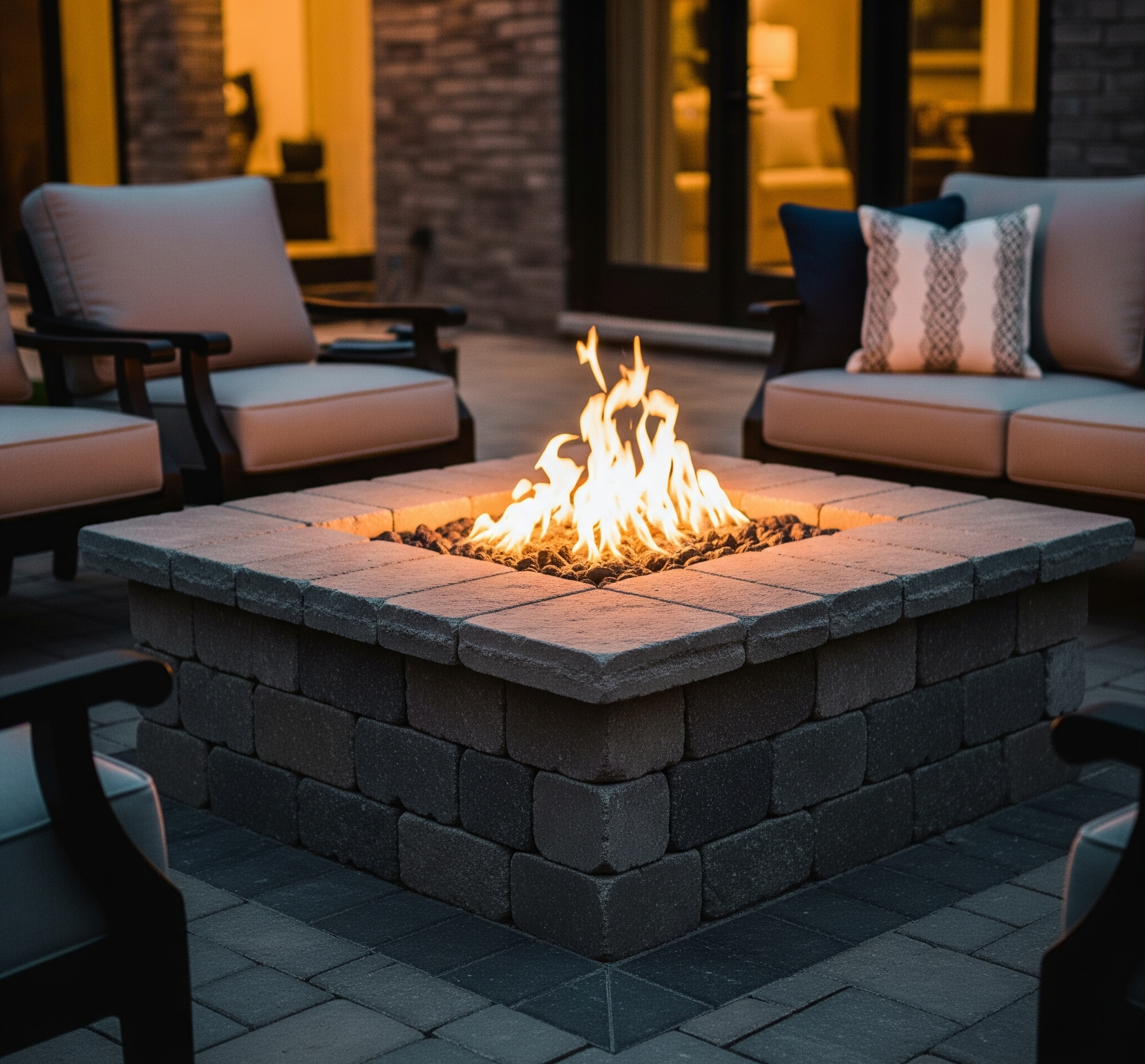A cozy and modern outdoor fire pit