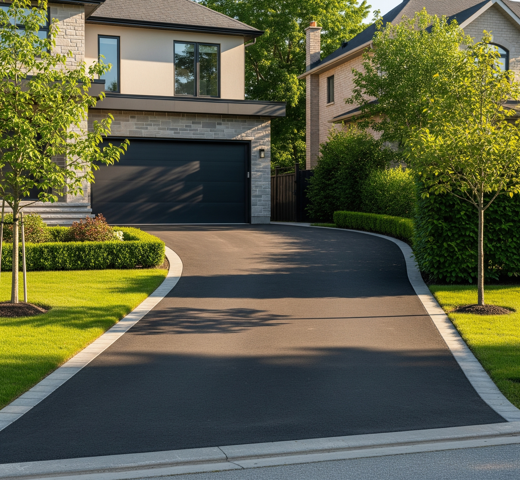 A freshly sealcoated asphalt driveway with a rich, black finish.