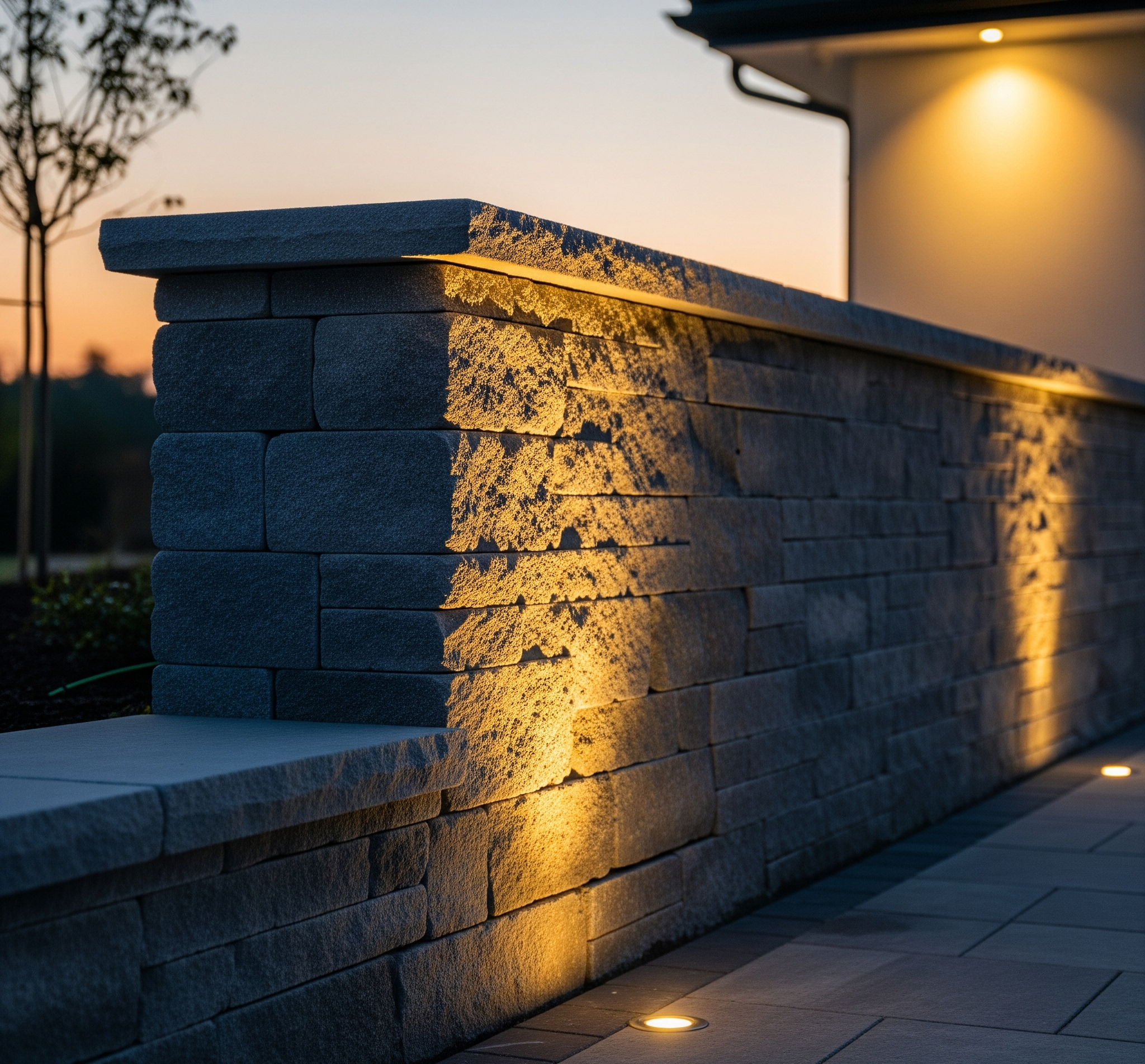 A multi-level stone retaining wall