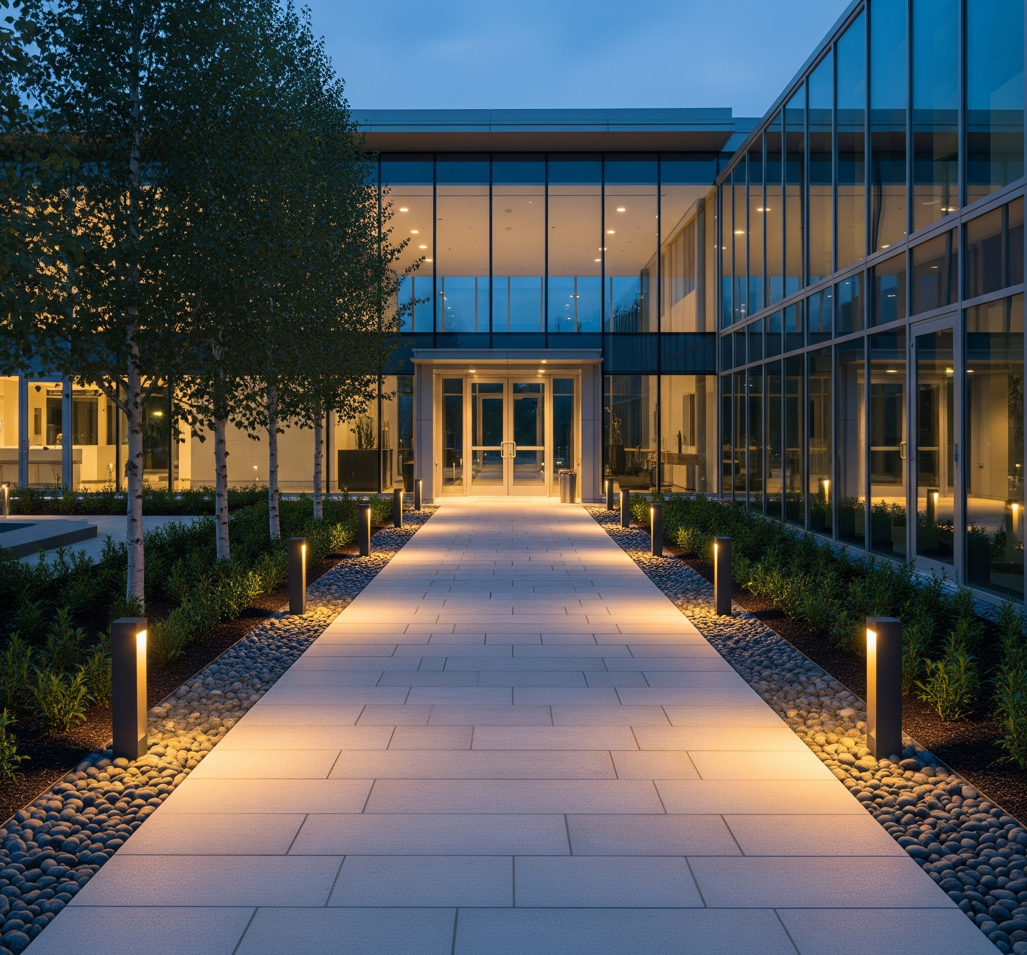 Commercial plaza walkway with sealed interlocking pavers and bollard lighting by Cinintiriks in Bolton