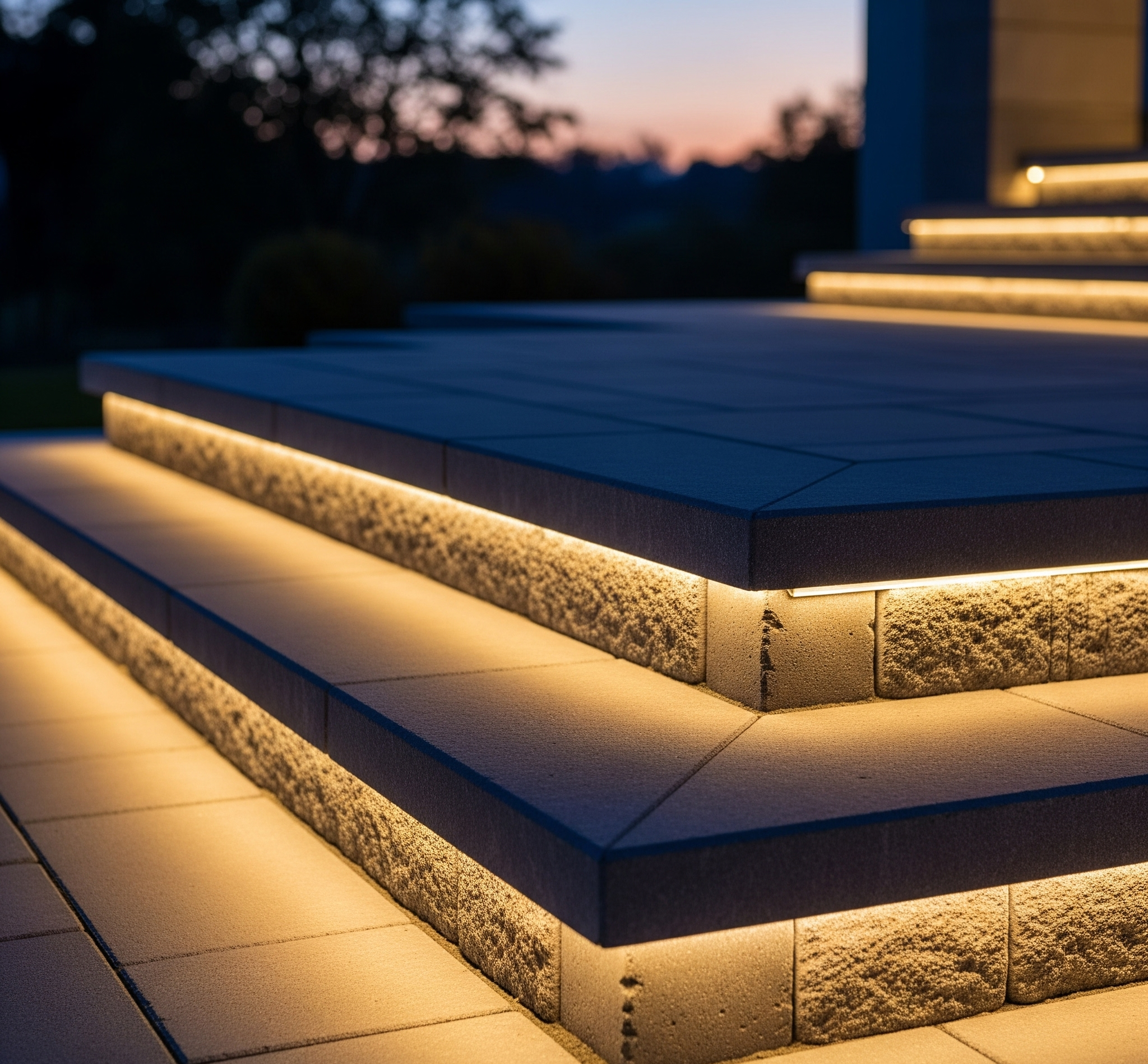 Structural retaining wall with integrated step lighting and natural stone veneer by Cinintiriks in Toronto