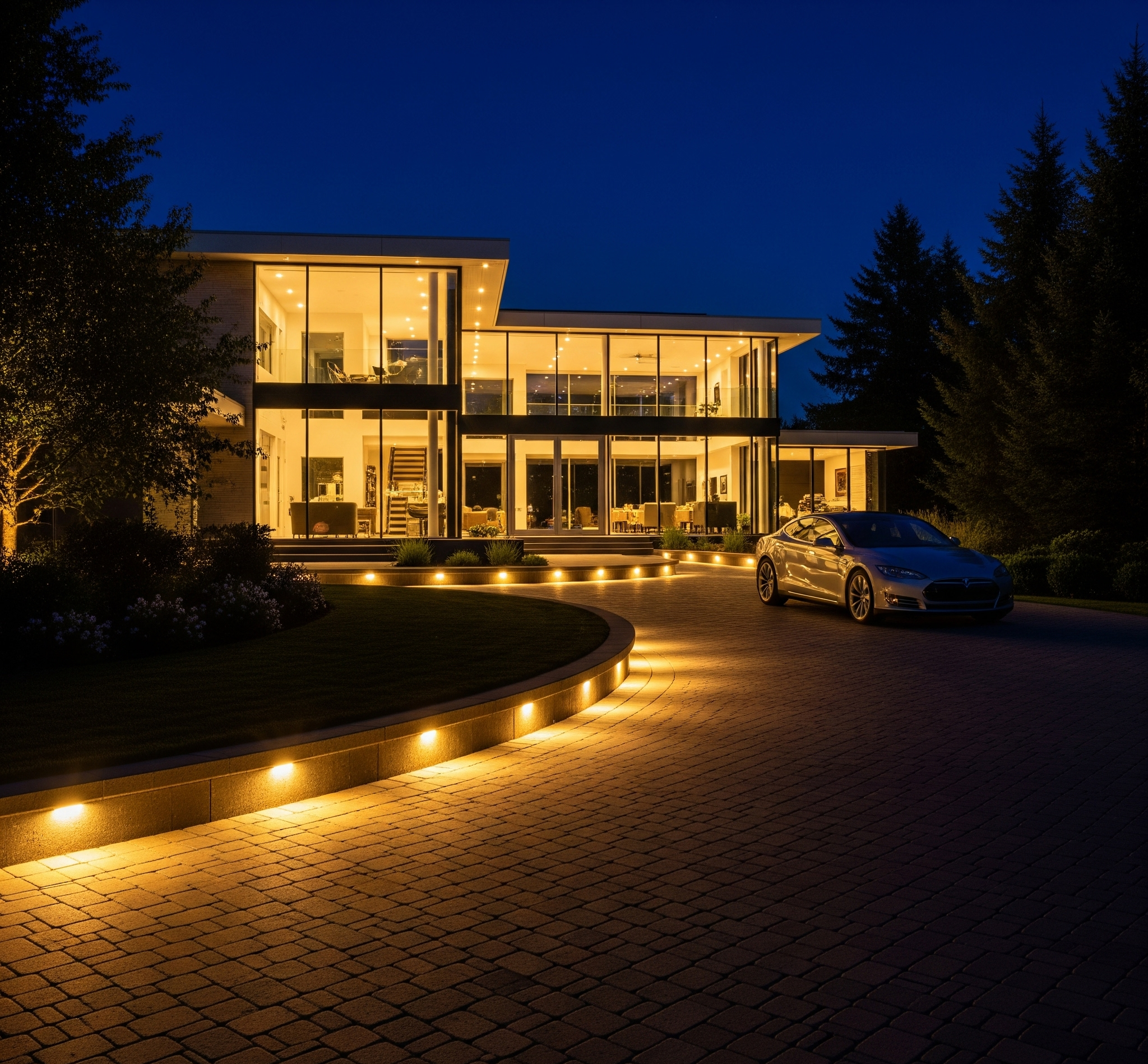 Luxury retaining wall with integrated patio and landscape lighting on a levelled Concord property by Cinintiriks
