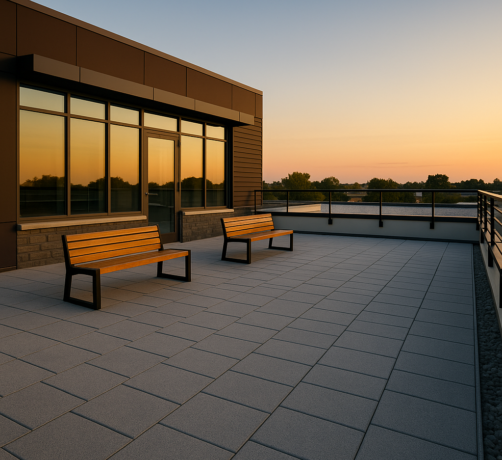 Stunning luxury rooftop terrace featuring a seamless, modern paver design installed on a commercial pedestal system in Scarborough