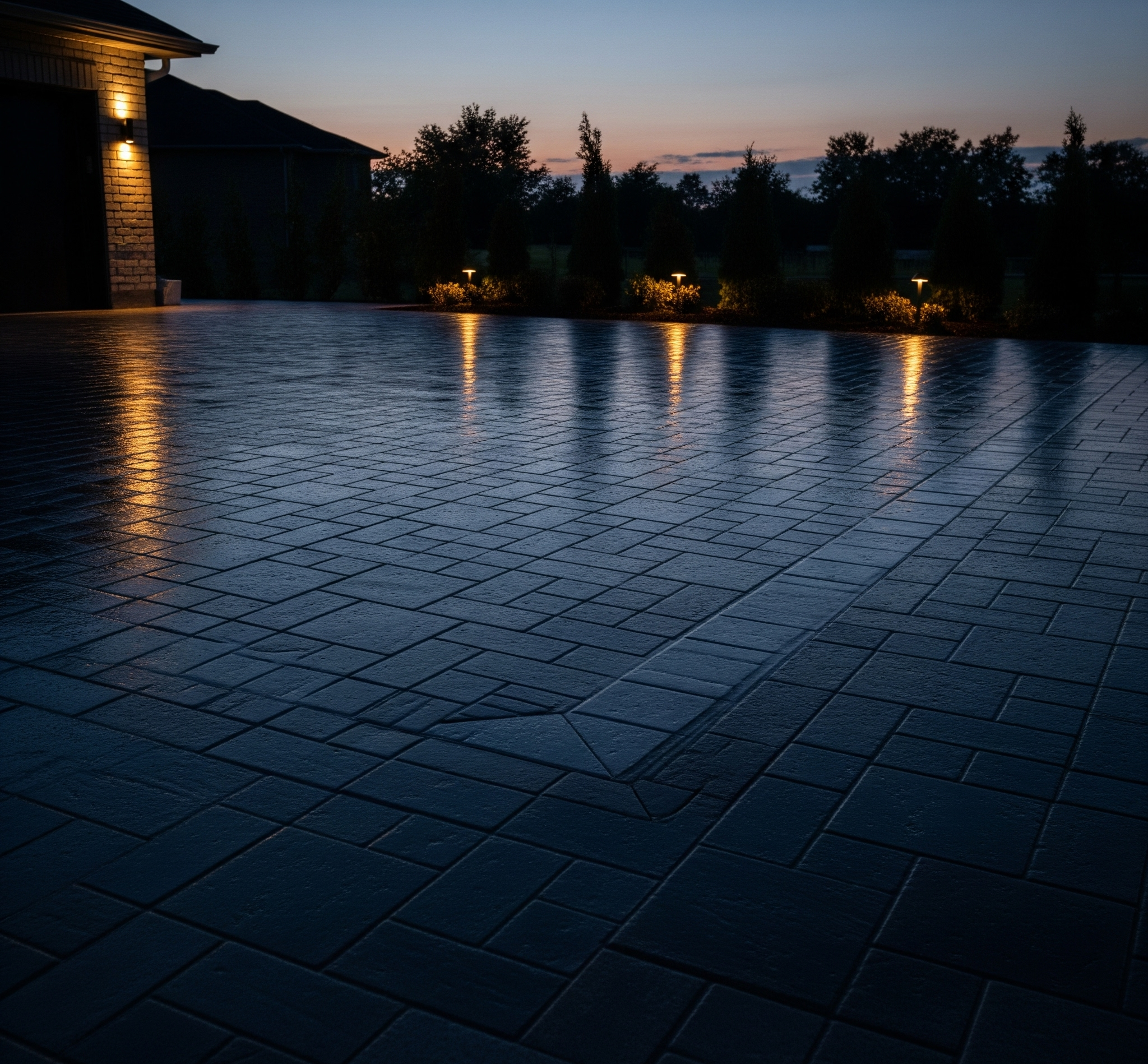 A newly cleaned and sealed interlock patio
